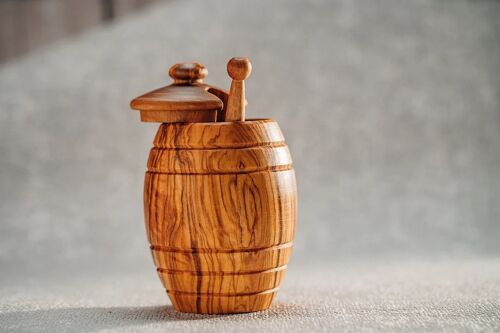 Olive wood Honey Pot with Lid with Honey Dipper/Drizzlier - Kitchen Table Décor - Unique Pot - Handcrafted in Europe