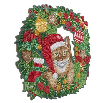 Christmas Cat 30cm Crystal Art Wreath 2