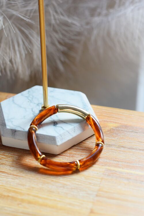 Bracelet en perles tubes acryliques fin doré marron marbré