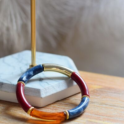 Bracelet en perles tubes acryliques fin doré bleu, marron marbré, bordeaux