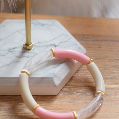 Bracelet en perles tubes acryliques fin doré rose, ivoire et blanc transparent