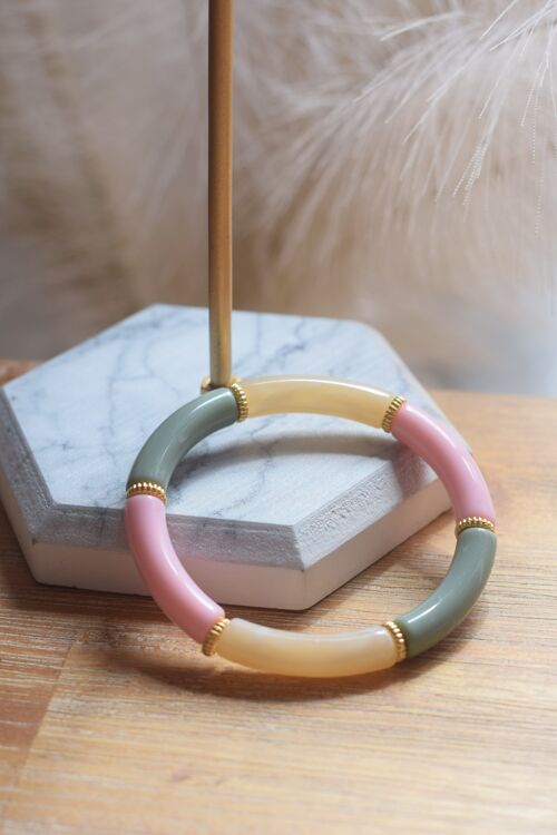 Bracelet en perles tubes acryliques fin rose, vert olive et beige marbré