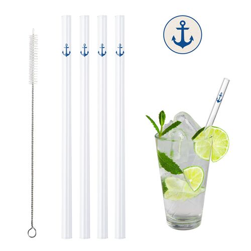 BarBaydos Trinkhalme Glas Ø8x210 mm gerade Motiv: Anker, blau Rohrverpackung 4er Set mit Bürste