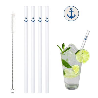 BarBaydos drinking straws glass Ø8x210 mm straight motif: anchor, blue tube packaging set of 4 with brush