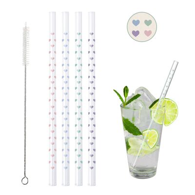 BarBaydos drinking straws glass Ø8x210 mm straight motif: heart mix tube packaging set of 4 with brush