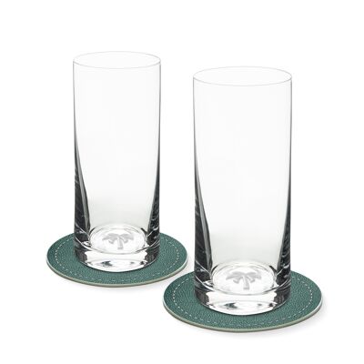 Set 2 Longdrinkgläser mit Palme im Glasboden 400ml Ø 7 x 16 cm und 2 Untersetzer Ø 10,5cm in einer Geschenkbox