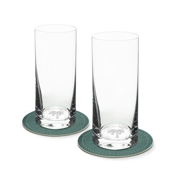 Ensemble de 2 verres à long drink avec un palmier dans le fond en verre 400 ml Ø 7 x 16 cm et 2 sous-verres Ø 10,5 cm dans une boîte cadeau