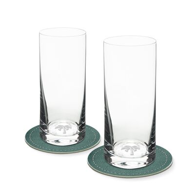 Set of 2 long drink glasses with a palm tree in the glass bottom 400ml Ø 7 x 16 cm and 2 coasters Ø 10.5cm in a gift box
