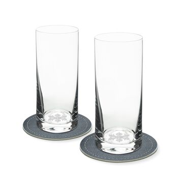 Ensemble de 2 verres à long drink avec flocon dans le fond en verre 400 ml Ø 7 x 16 cm et 2 sous-verres Ø 10,5 cm dans une boîte cadeau