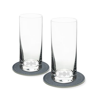Set of 2 long drink glasses with flake in the glass bottom 400ml Ø 7 x 16 cm and 2 coasters Ø 10.5cm in a gift box