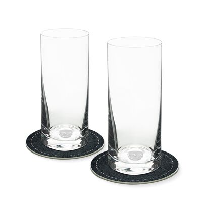 Set of 2 long drink glasses with a skull in the glass bottom 400ml Ø 7 x 16 cm and 2 coasters Ø 10.5cm in a gift box