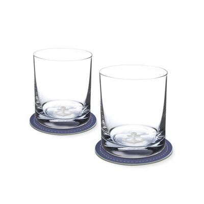 Set of 2 whiskey glasses with anchor in the glass bottom 400ml Ø 8.5 x 10.5 cm and 2 coasters Ø 10.5cm in a gift box