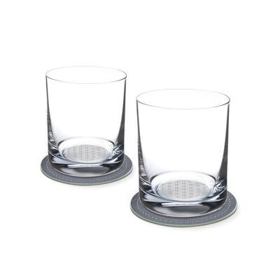 Set of 2 whiskey glasses with the flower of life in the glass bottom 400ml Ø 8.5 x 10.5 cm and 2 coasters Ø 10.5cm in a gift box