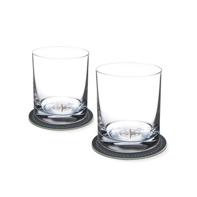 Set di 2 bicchieri da whisky con bussola nel fondo in vetro 400ml Ø 8,5 x 10,5 cm e 2 sottobicchieri Ø 10,5 cm in confezione regalo