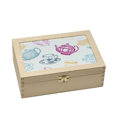 Wooden tea box 'CUPS AND POT'