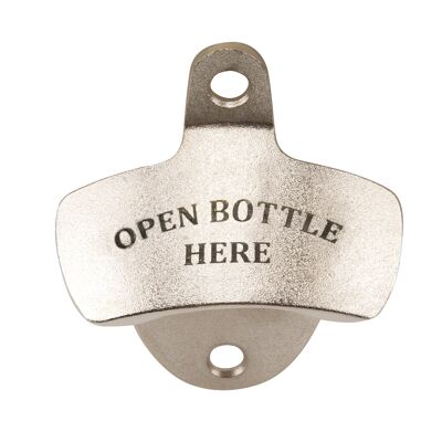 Zinc bottle opener engraved "OPEN BOTTLE"