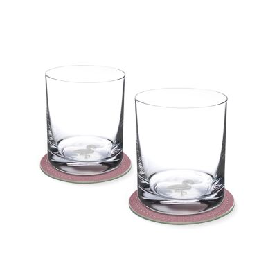 Set di 2 bicchieri da whisky con FLAMINGO nel fondo in vetro 400ml Ø 8,5 x 10,5 cm e 2 piattini Ø 10,5 cm in confezione regalo