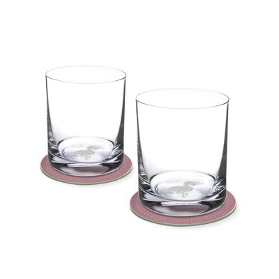 Ensemble de 2 verres à whisky avec FLAMINGO dans le fond en verre 400 ml Ø 8,5 x 10,5 cm et 2 soucoupes Ø 10,5 cm dans une boîte cadeau