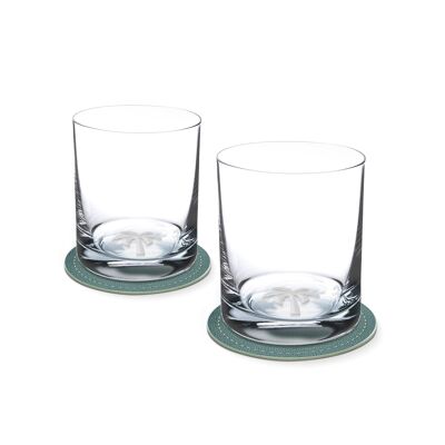 Set of 2 whiskey glasses with PALMS in the glass bottom 400ml Ø 8.5 x 10.5 cm and 2 saucers Ø 10.5cm in a gift box