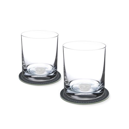 Set 2 Whiskygläser mit TOTENKOPF im Glasboden 400ml Ø 8,5 x 10,5 cm und 2 Untersetzer Ø 10,5cm in einer Geschenkbox