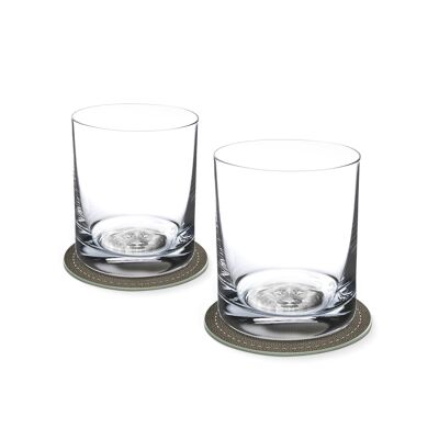 Juego de 2 vasos de whisky con LÖWE en el fondo de cristal 400 ml Ø 8,5 x 10,5 cm y 2 posavasos Ø 10,5 cm en caja de regalo