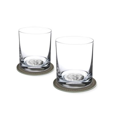 Set of 2 whiskey glasses with LÖWE in the glass bottom 400ml Ø 8.5 x 10.5 cm and 2 coasters Ø 10.5cm in a gift box