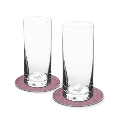 Set of 2 long drink glasses with FLAMINGO in the glass bottom 400ml Ø 7 x 16 cm and 2 coasters Ø 10.5cm in a gift box