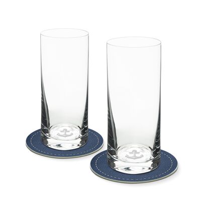 Juego de 2 vasos largos con ANKER en el fondo de cristal 400ml Ø 7 x 16 cm y 2 posavasos Ø 10,5cm en caja de regalo