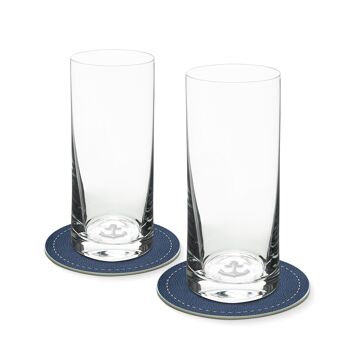 Ensemble de 2 verres à long drink avec ANKER dans le fond en verre 400 ml Ø 7 x 16 cm et 2 sous-verres Ø 10,5 cm dans une boîte cadeau
