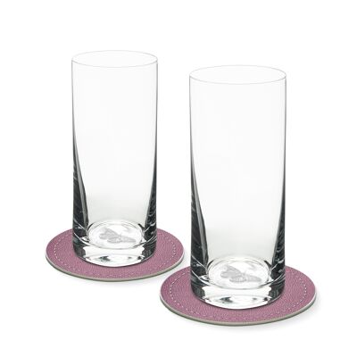 Set of 2 long drink glasses with BUTTERFLY in the glass bottom 400ml Ø 7 x 16 cm and 2 coasters Ø 10.5cm in a gift box