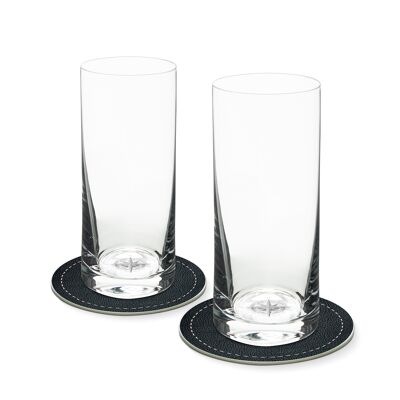 Set di 2 bicchieri da long drink con COMPASS nel fondo in vetro 400ml Ø 7 x 16 cm e 2 sottobicchieri Ø 10,5 cm in confezione regalo
