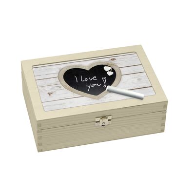 Wooden tea box 'HEART' with chalk