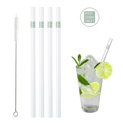 BarBaydos drinking straws glass Ø8x210 mm straight motif: Good Vibes, tube packaging set of 4 with brush