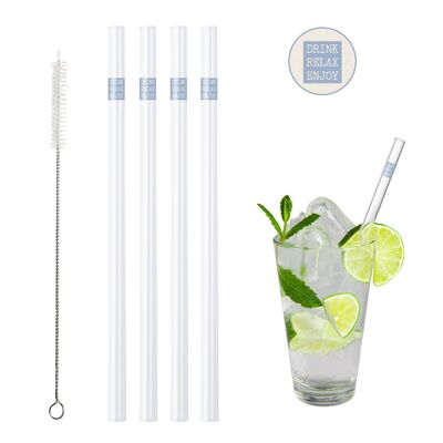 BarBaydos Trinkhalme Glas Ø8x210 mm gerade Motiv: Drink Relax, Rohrverpackung 4er Set mit Bürste