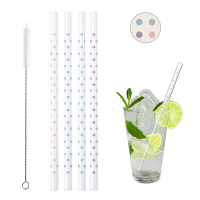 BarBaydos drinking straws glass Ø8x210 mm straight motif: mix dots, tube packaging set of 4 with brush