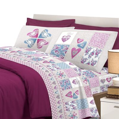 Completo letto con stampa fotografica patchwork cuori  100% cotone 3 misure parure Viola - 2 Piazze