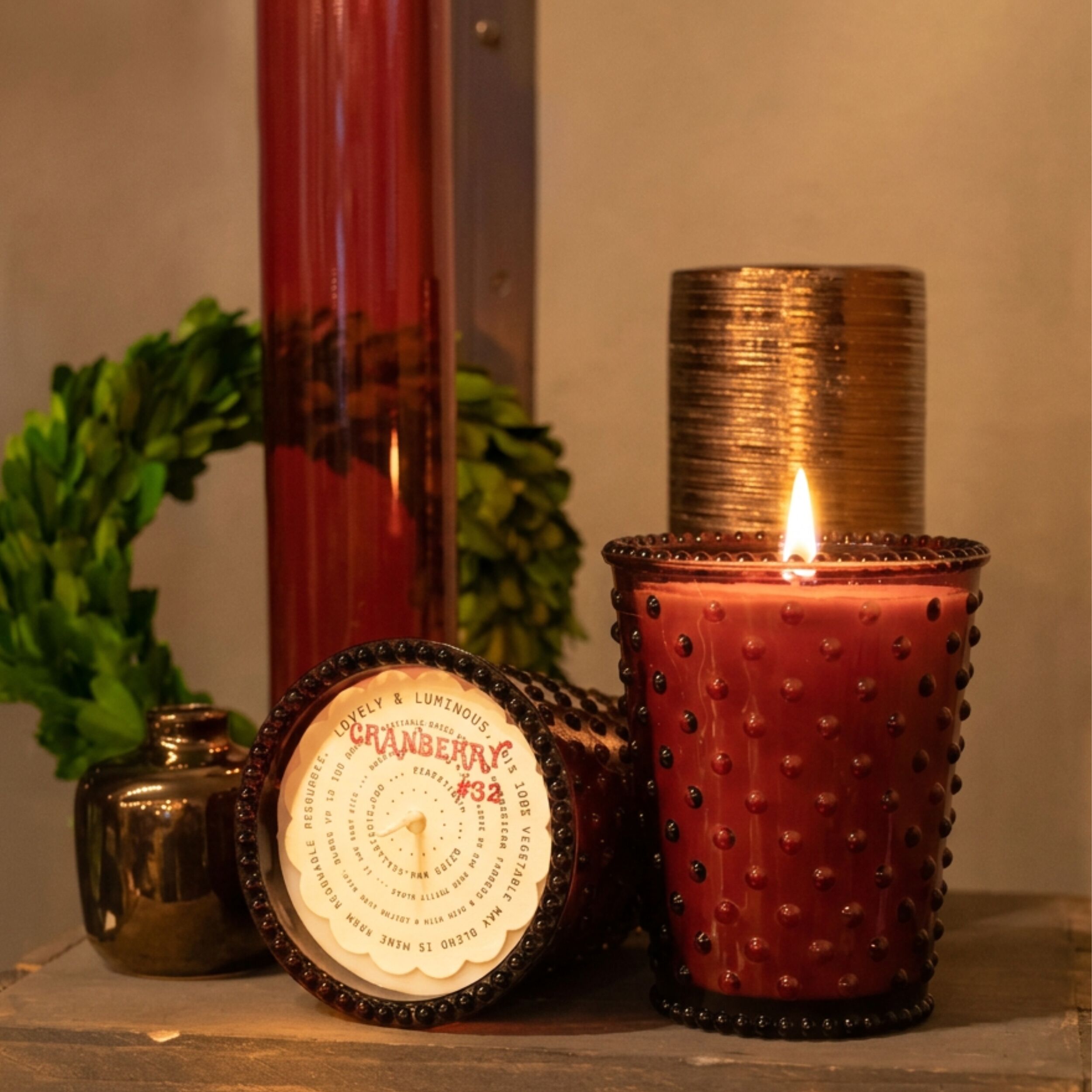 Simpatico Hobnail Glass Candle #32 Cranberry