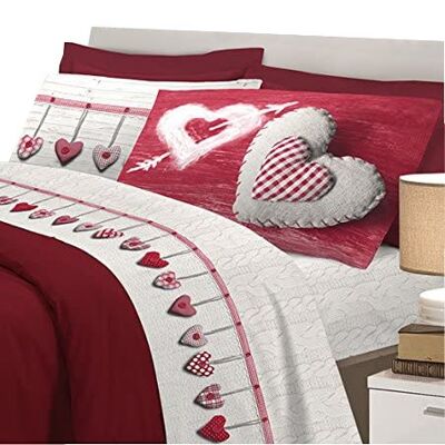 Completo letto flanella ,made in italy, colori atossici resistenti nel tempo fantasia cuori Rosso - Matrimoniale