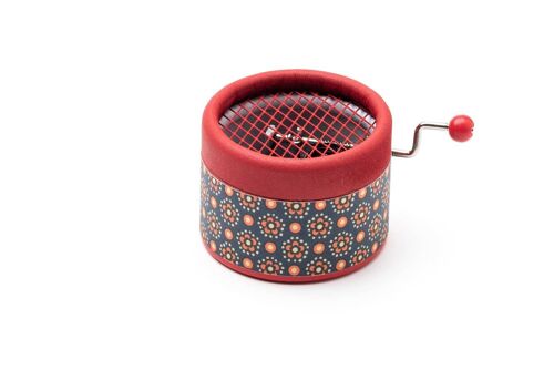 Red music box with a dark blue flowers pattern.