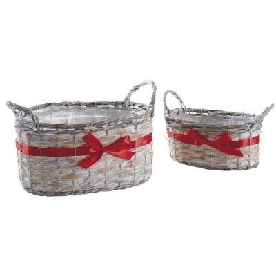 Oval Reed and Bleached Wicker Baskets with Ribbon-CDA587SP