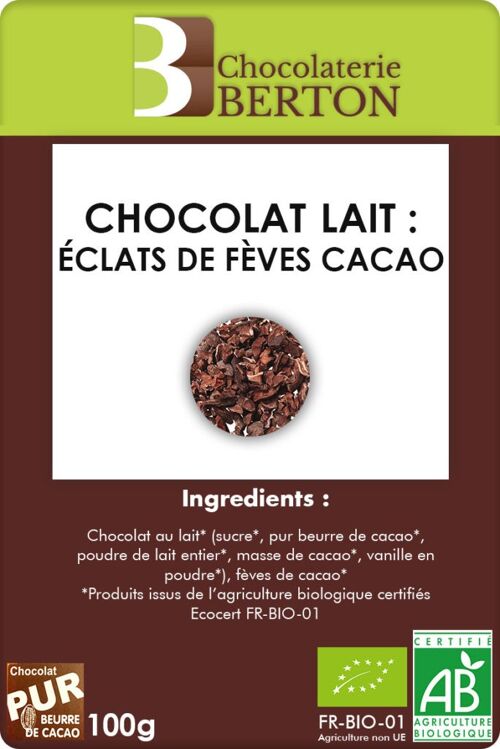 Tablette Chocolat Bio Lait Eclats de fèves de cacao