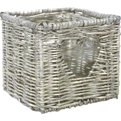 Tealight holder in gray wicker and glass-DBO1240V