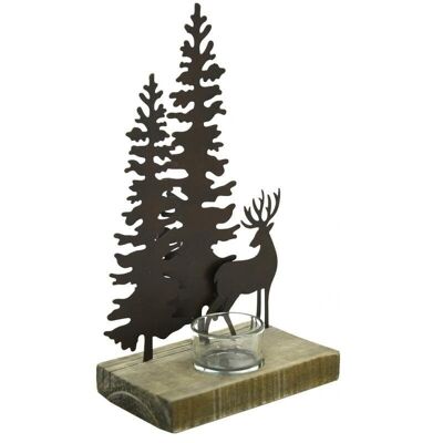 Candle holder in metal and wood Deer and Fir trees-DBO3850V