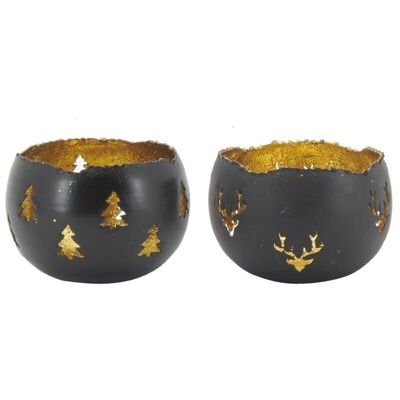 Tealight holders in black lacquered metal deer and fir-DBO4300