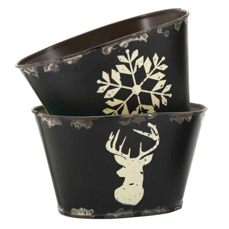 Cesto ovale in metallo laccato Fiocco di neve e cervo-GCO4350