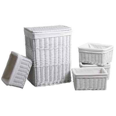 Cesto de ropa con 4 cestos de mimbre lacado en blanco-KLI341SC