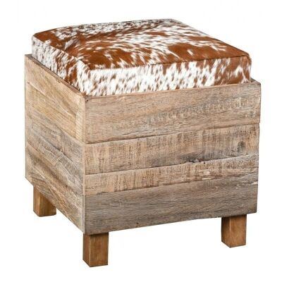 Square pouf box in recycled wood and cowhide-KMA2120