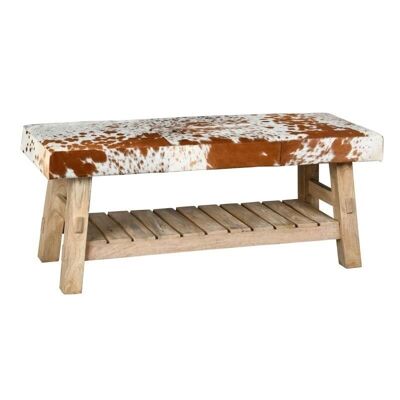 Bench with shelf in recycled wood and cowhide-MBC1490