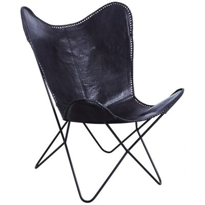 Butterfly armchair in metal and black buffalo leather-MFA2930C