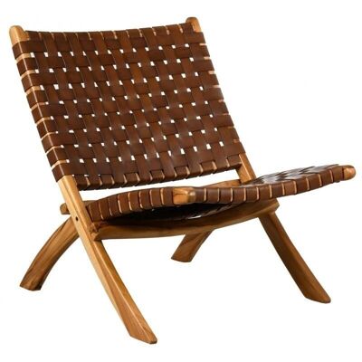Folding armchair in teak and cowhide-MFA3450